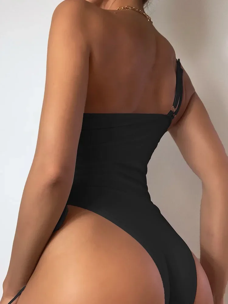 Solid V-neck One Piece Swimsuit for Women Sexy Cross Bandage Swimwear Backless Bathing Suit New Monokini