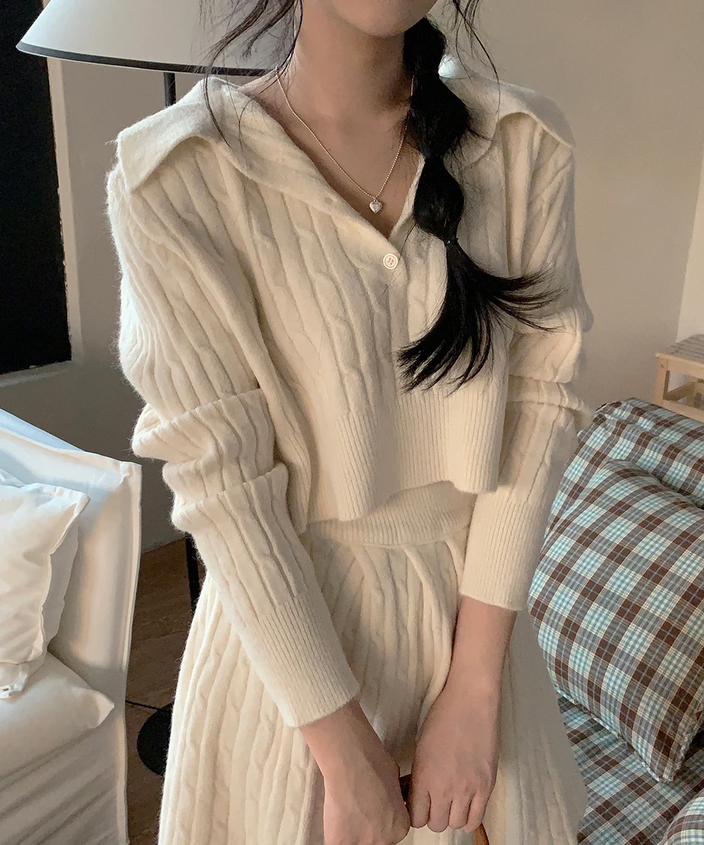 Korean Fashion Two-piece Set Women Pullover Turn-down Collar Crop Top Mini Skirt Solid Casual Suit Autumn New Knitwear Outfits