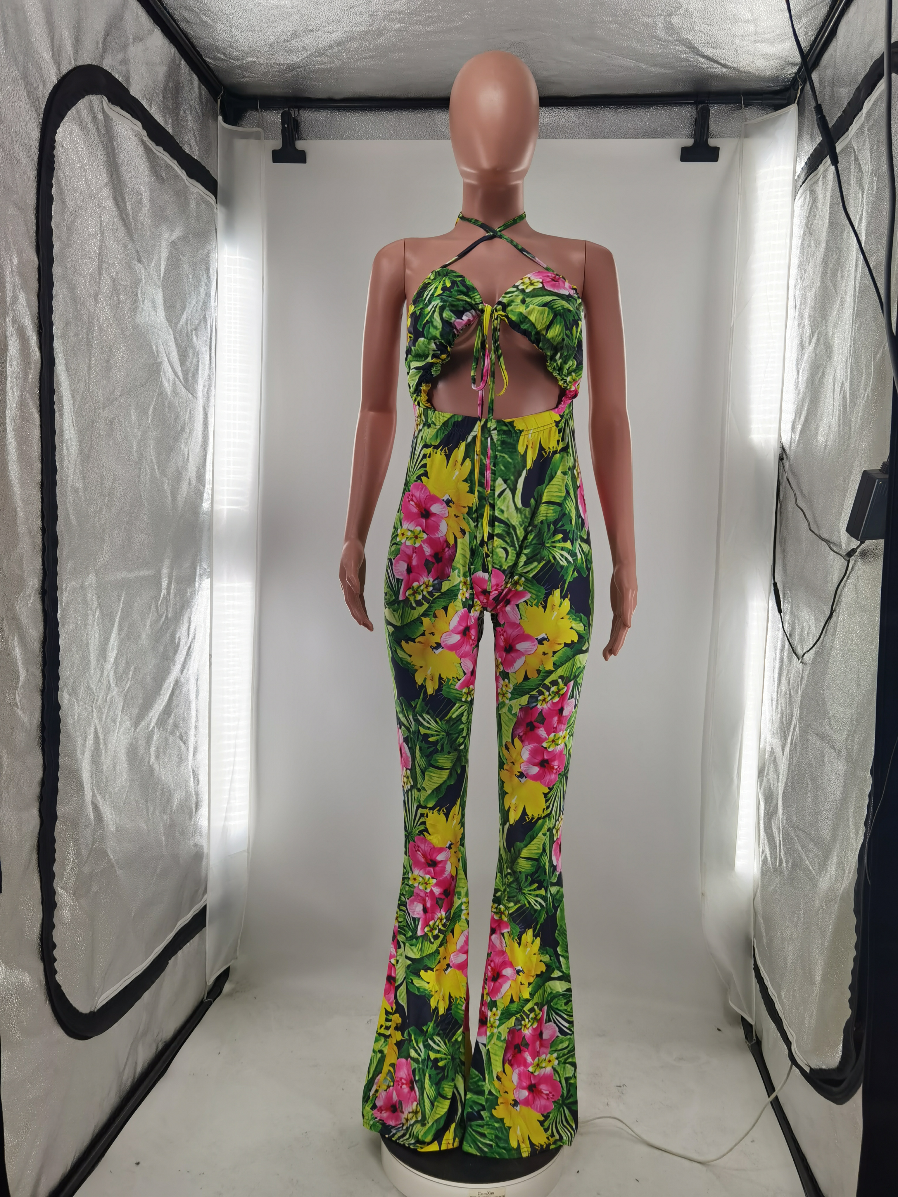 Sexy Strap Women Printed Bell Bottom Pants Jumpsuit