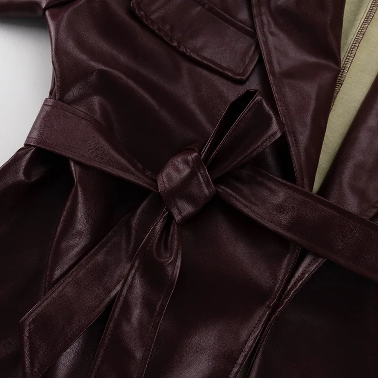 Vintage PU 2 Piece-Set Trousers Female Lace-Up Pocket Fashion Outwear Streetwear Autumn Patchwork Women's Pants Sets