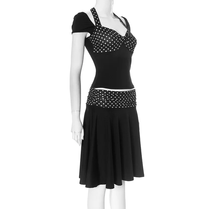 Patchwork Fashion 2 Piece-Set MIni Skirt For Women Lace-Up Contrast Backless Cropped Top And High Waist Skirt Sets Female