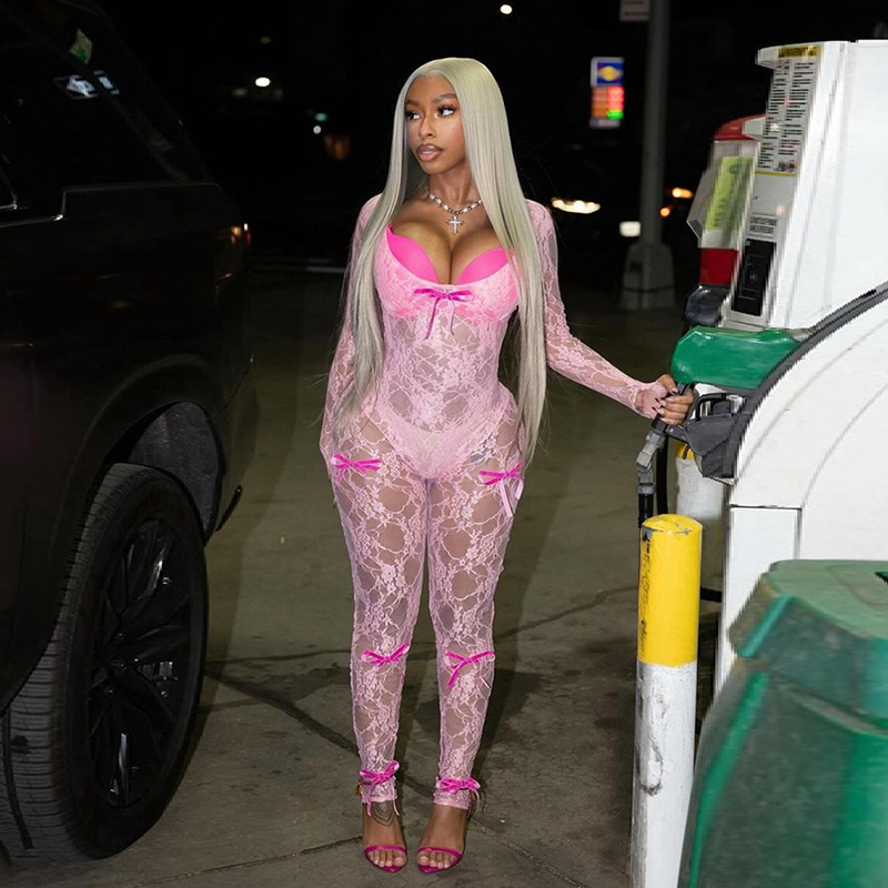 Spring Sexy See through Hollow Out Cutout High Waist Jacquard Tight Long Sleeve Lace Jumpsuit Women