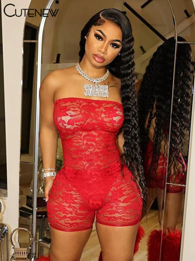 Lace Sexy Hot Playsuit Women Solid Sleeveless Wrapped Chest See Through Coquette Slim Fit Rompers Female Attractive Wear