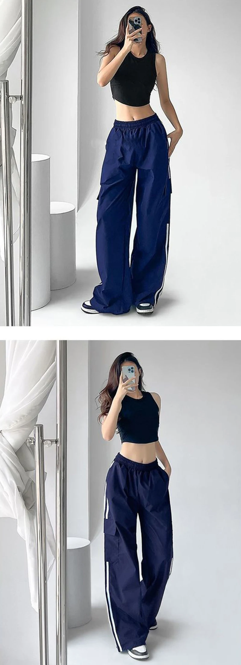 Striped Sweatpants Women Hip Hop Streetwear Baggy Wide Leg Cargo Pants Bf Y2K High Waist Drawstring Joggers Trousers