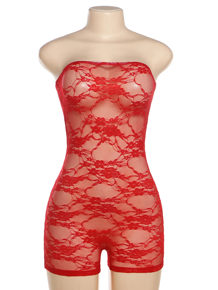 Lace Sexy Hot Playsuit Women Solid Sleeveless Wrapped Chest See Through Coquette Slim Fit Rompers Female Attractive Wear
