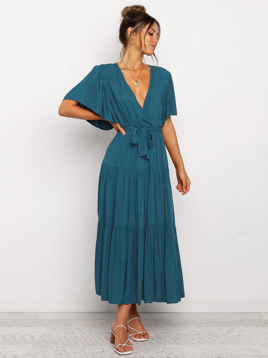 Boho Ruffle Tiered Midi Dress for Women - Lilac V Neck Flutter Sleeve A-Line Flowy Wrap Sun Dress - Summer Wedding Guest 2026