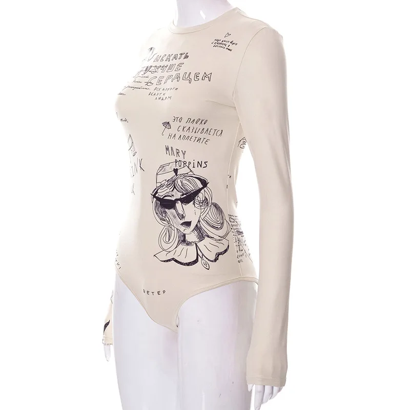 Bodycon Sexy Bodysuit Lingerie Letters Printing Crop Tops Women Y2k Clothes Long Sleeve One-pieces Body Feminino Skinny Bustier