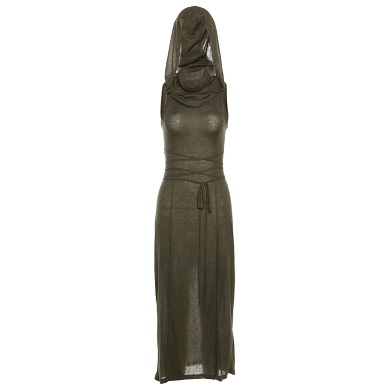 Grunge Dress y2k Women Clothes Solid Color Sleeveless Hollow Out Back Slit Hooded Dress 2000s Halloween Party Dresses