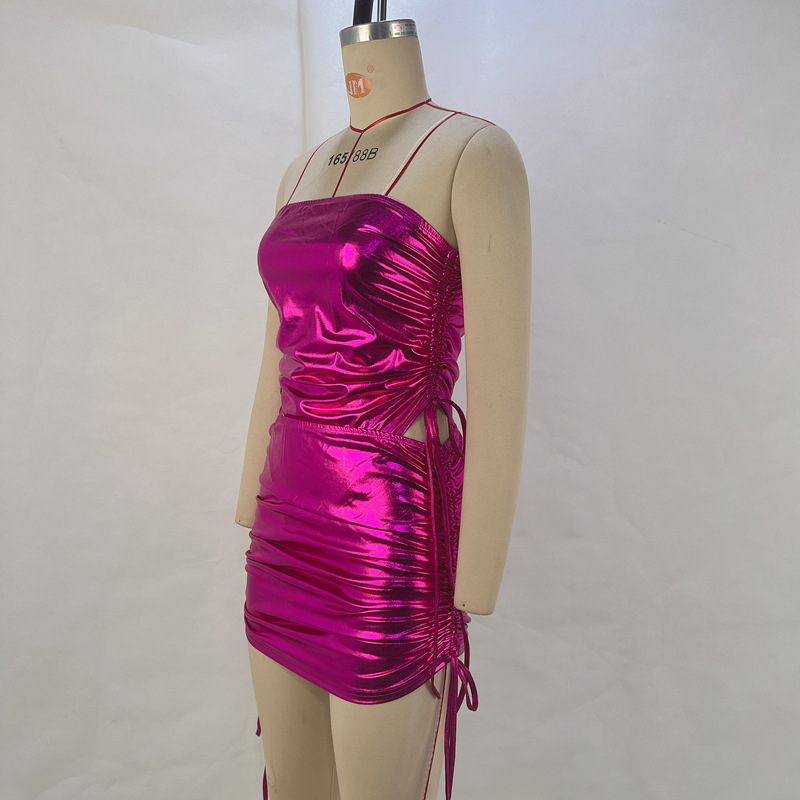 Metallic Coated Fabric Fall Women Clothing Drawstring Jumpsuit Drawstring Hip Skirt Women Suit