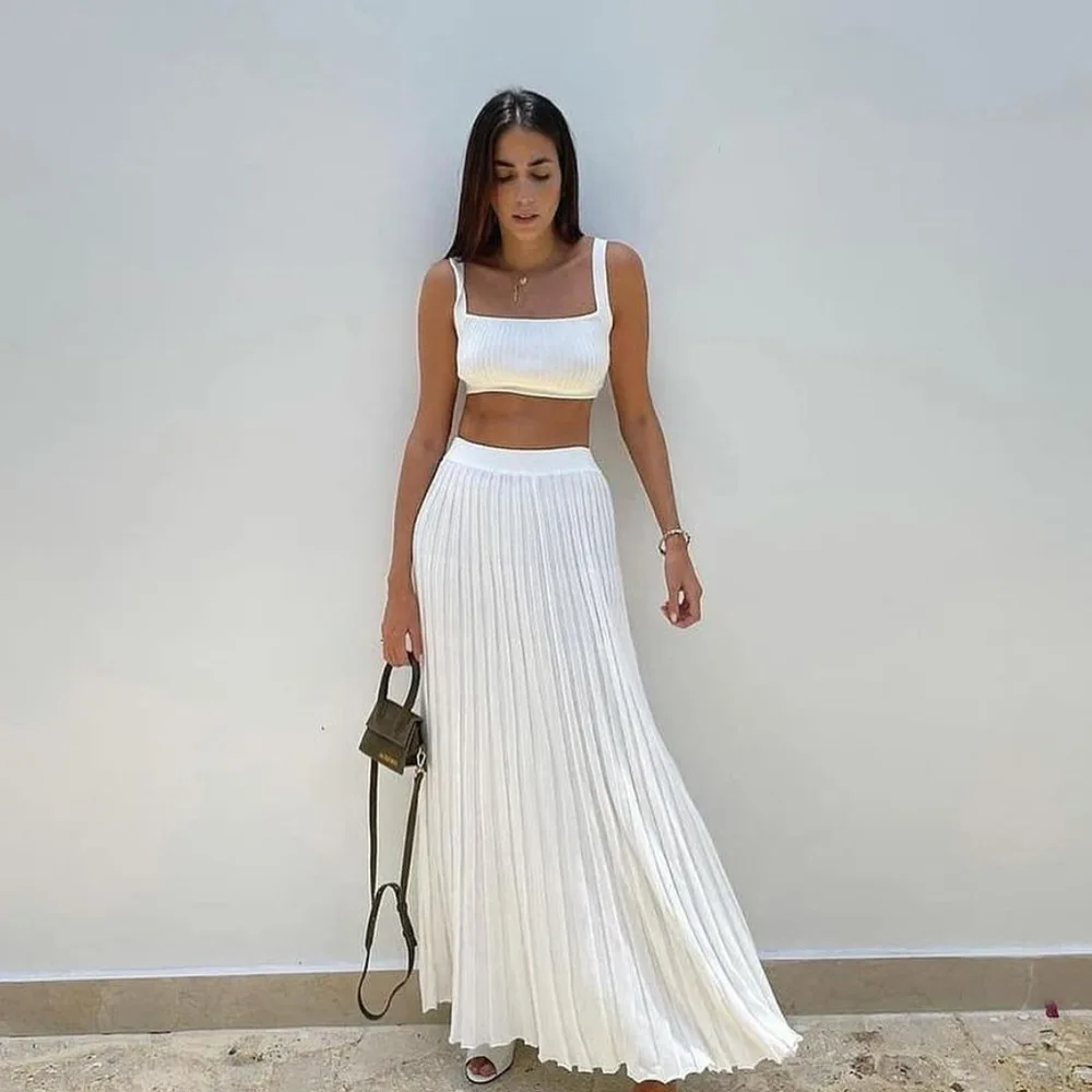 New White Knit Two Piece Women Sets Fall Ribbed Tank Top And Pleated Knitted Skirt Suits For Women Long Dress Sets Summer