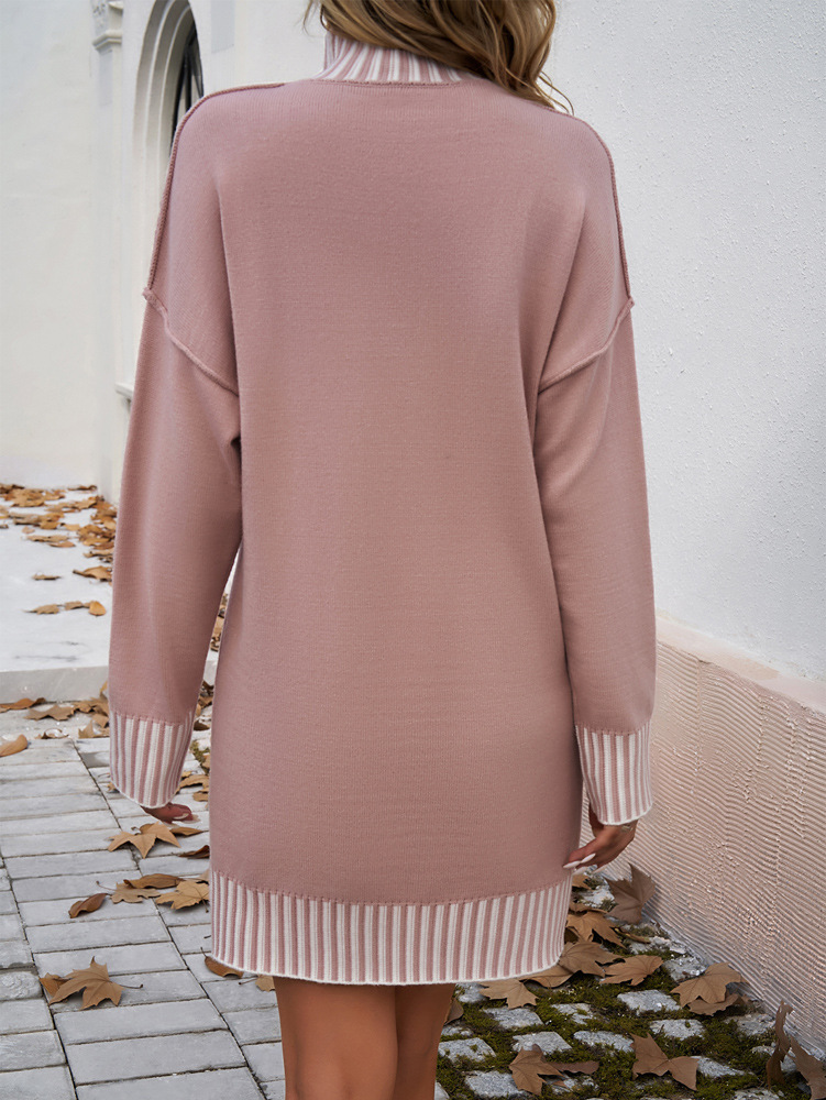 Women Autumn Winter Clothing Casual Color Contrast Patchwork Dress Sweater