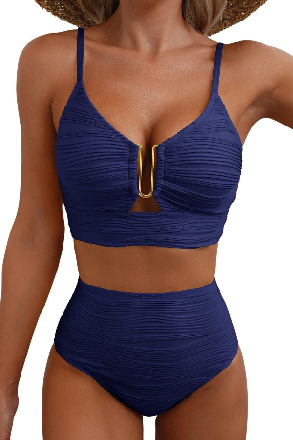 Solid Color V-neck Hollowed-out Pleated High Waist Stretch Two-Piece Bikini Swimsuit