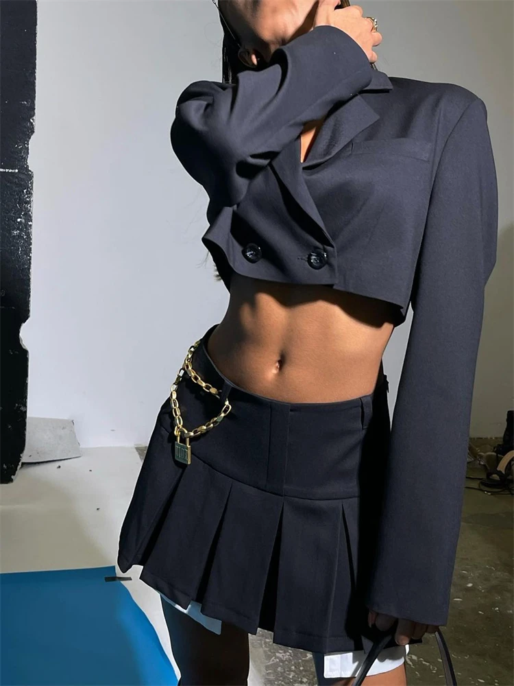 Black Blazer Sets 2025 Fashion Two Piece Cropped Blazer Jacket Coat And Mini Skirts Sets For Women Casual Suit Streetwear