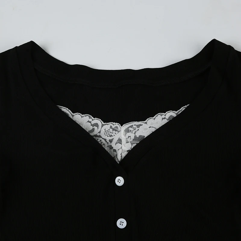 Y2K Contrast Lace Slim Top Autumn Cute Long Sleeve Buttons T-shirt Knitted Casual Outfits Sweet Korean Tee Streetwear