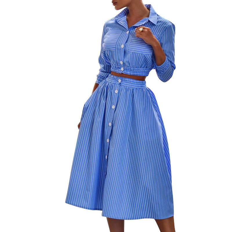 Autumn Winter New Stylish Long Sleeves Striped Shirt Outfit Skirt Two Piece Set