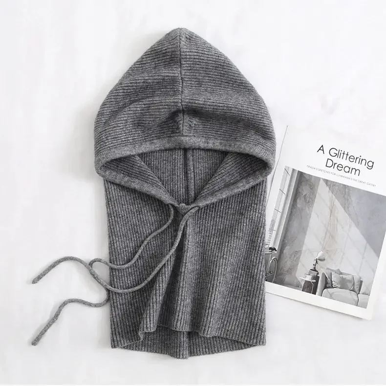 Unisex Knit Scarf Hood Hat Winter Women Faux Cashmere Beanie Bonnet Lady Wool Neck&Face Protect Balaclava Skullies Men Hooded