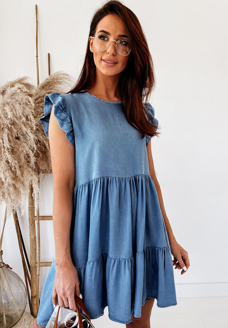 Spring Summer Loose Cake Mold Short-Sleeved Denim Dress Women round Neck