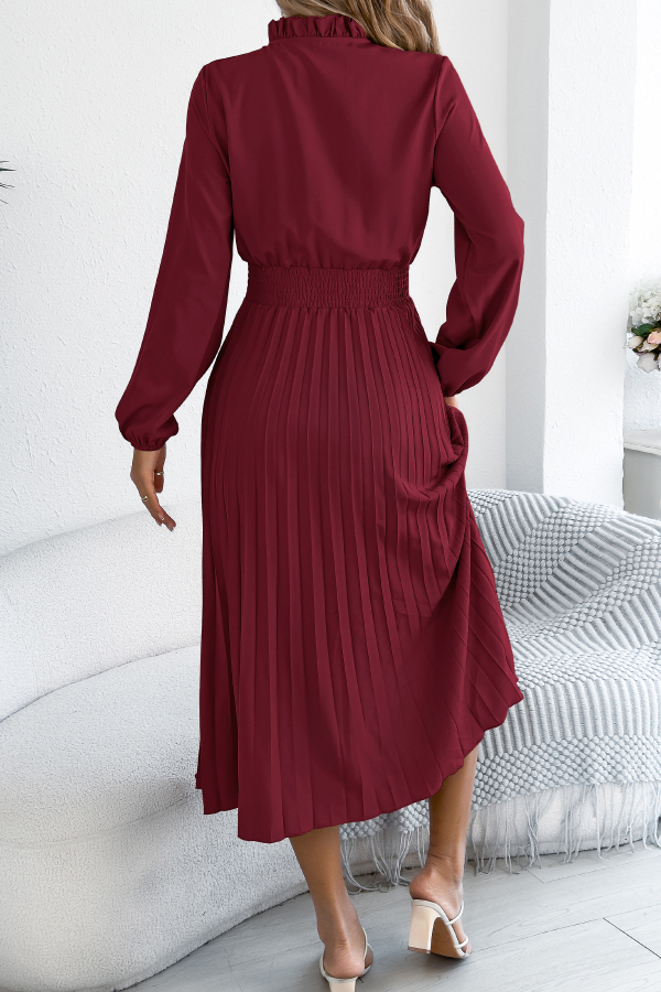 Solid Color Long-sleeved Fitted Waist Pleated Elegant Midi Dress
