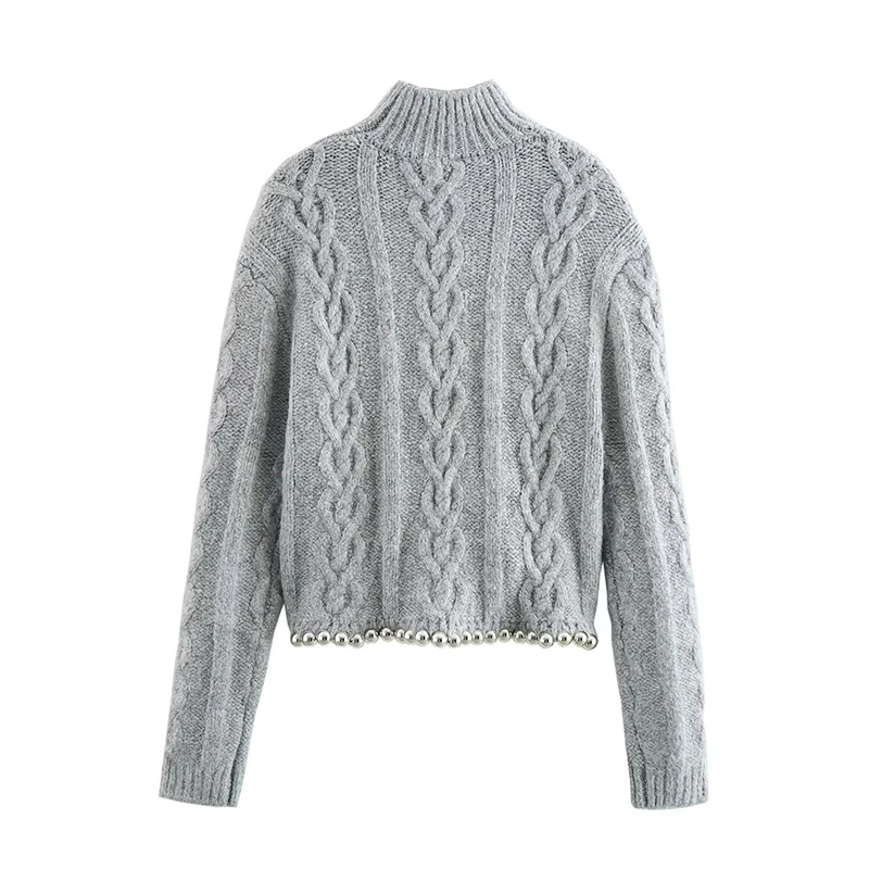 Vintage Beading Twist Pullover Women Knit Gray Long Sleeve High Collar Sweater Lady 2025 High Street Lady All-matching Knitwear