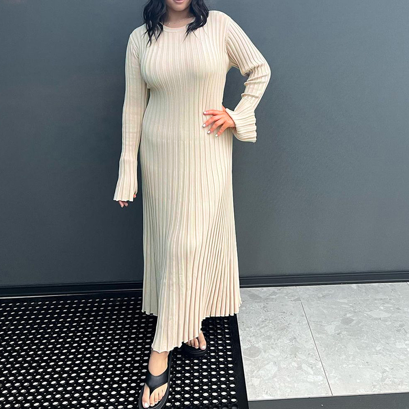 Women Elegant Ribbed Knit Full Sleeve Maxi Dress Crew Neck Bodycon Pencil Long Dress Tie Waist Dress 90s Vintage Streetwear