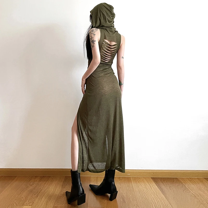 Grunge Dress y2k Women Clothes Solid Color Sleeveless Hollow Out Back Slit Hooded Dress 2000s Halloween Party Dresses
