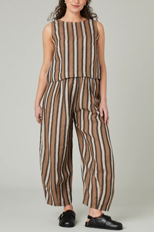 Striped Printed Crew Neck Sleeveless Top and Elastic Waist Wide-leg Pants Set