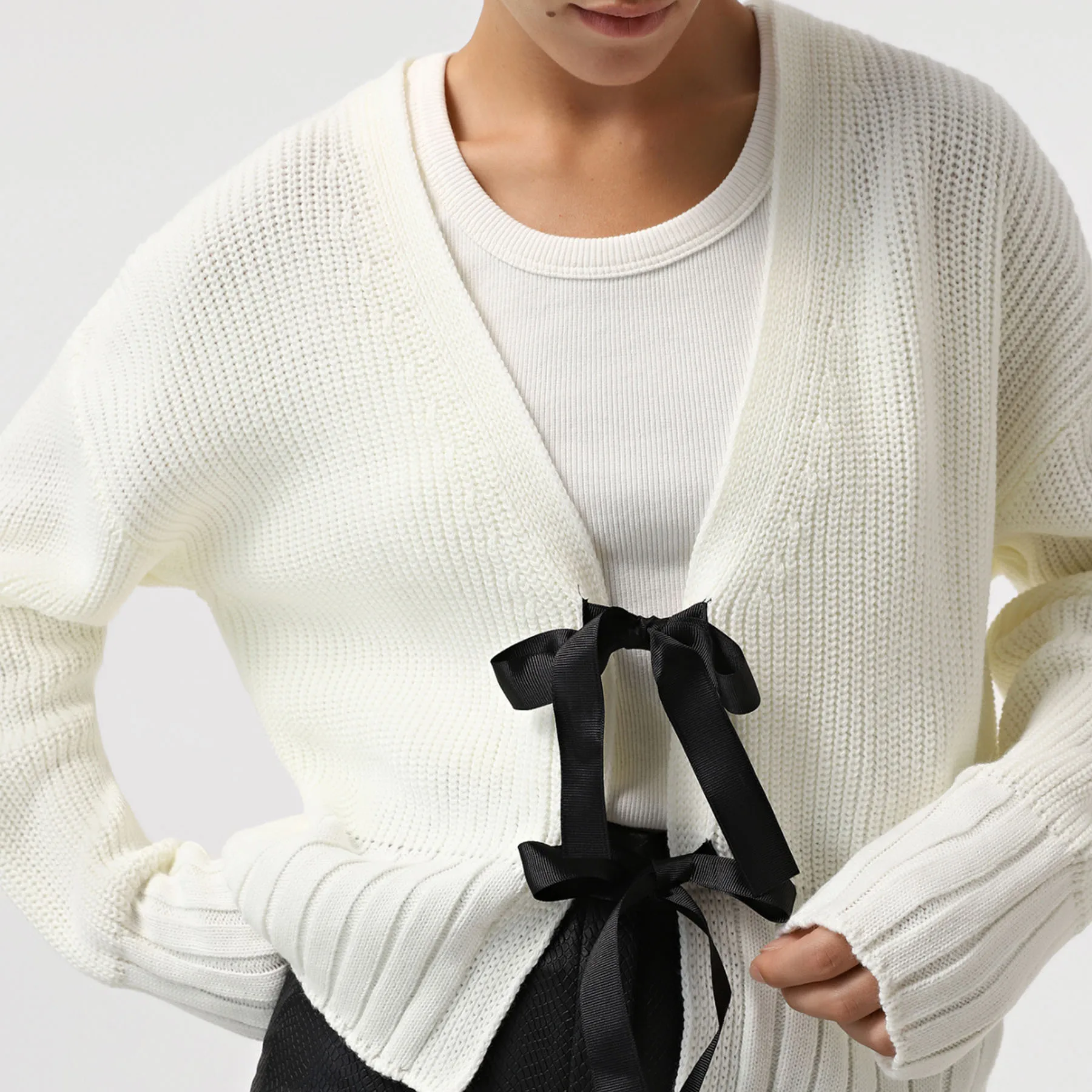Autumn Knit Sweater Cardigan For Women Tee Bow Fashion Hollow Out Ribbed Patchwork Lace-Up Top Female Knitwear Cardigan