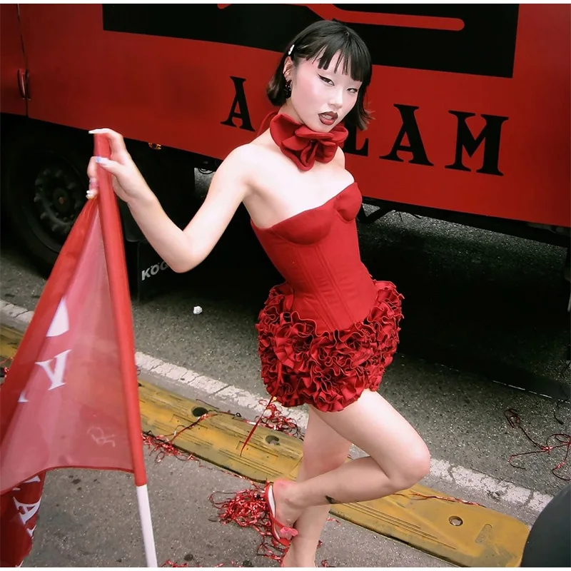 Christmas Red 3D Flowers Skirt Suit Women Bandage Adjustable Tube Top Floral Short Skirt Set Lady Party New in Matching Outfits