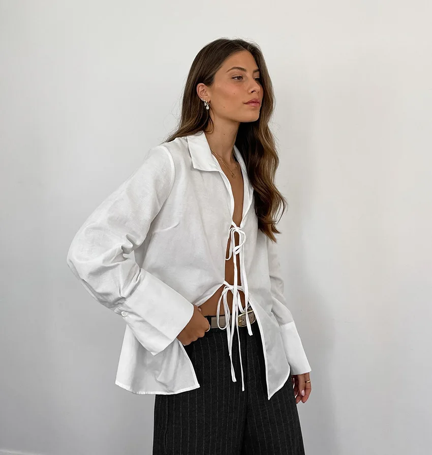 Women's Long Sleeve Shirt Hollow Lace Up Solid Color Casual Fashion Top Commuting Patchwork Women's Shirt Cardigan Top