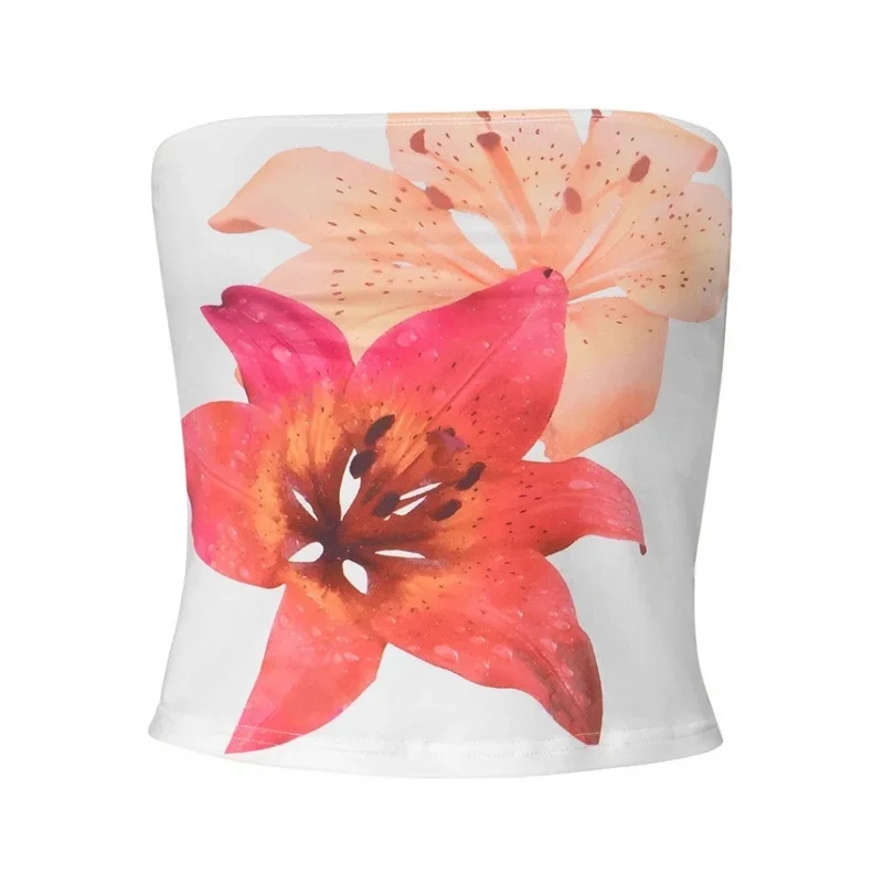 Sexy Floral Print Bustier Short Strapless Top One-Piece Sleeveless Slim-Fit Fashion Tops For Women Casual Neckless Y2k Bra Top