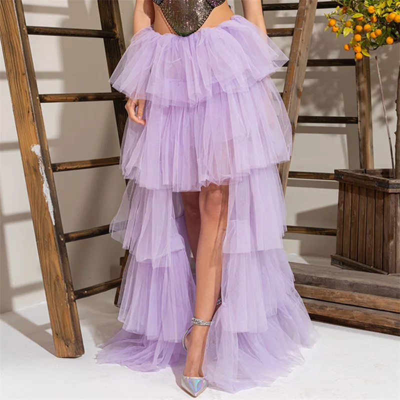 Tulle Skirts Women y2k Solid Color Elastic High Waist Asymmetrical Hem Long Skirts Summer Evening Party Skirt Clubwear