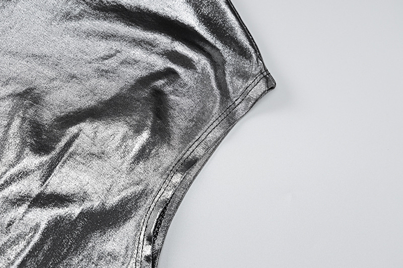 Metallic Coated Fabric Women Clothing Autumn Sexy Slim Solid Color Shoulder Sleeveless Sheath Dress