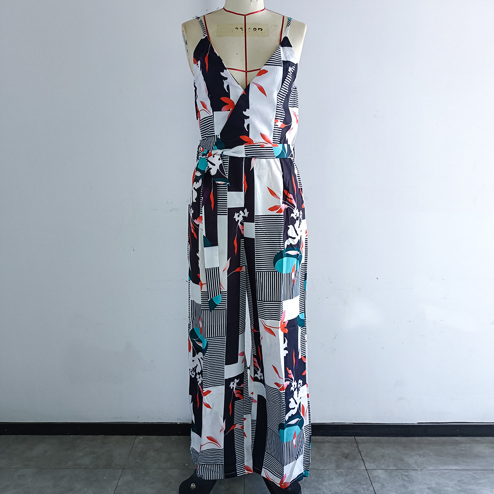 Jumpsuit Women Spring Summer Print Sexy Backless Deep V Plunge Neck Strap Lace Up Jumpsuit