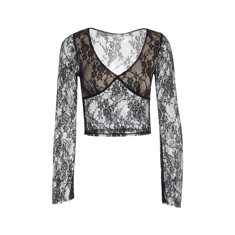 Cyber y2k Tops Women Aesthetic See Through Floral Lace Flared Long Sleeve T Shirt 2000s Goth Grunge Clothing Streetwear