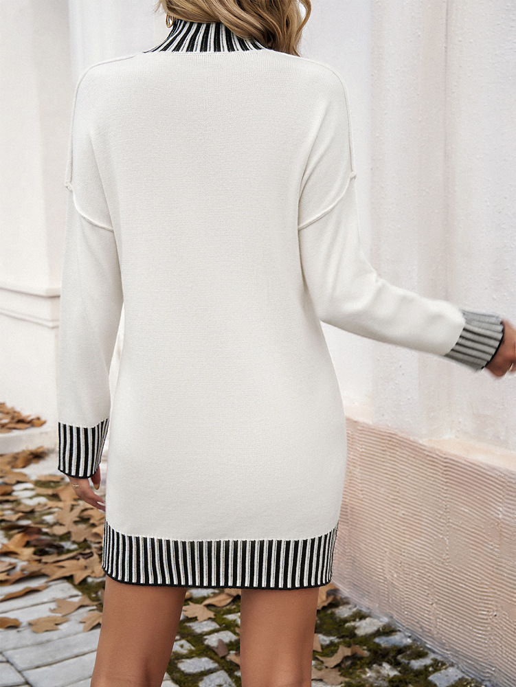 Women Autumn Winter Clothing Casual Color Contrast Patchwork Dress Sweater