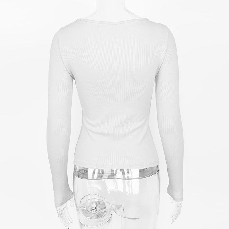 Women Clothing Autumn Winter Chest Hollow-out Long-Sleeved Top Sexy Stretch Rib T-shirt for Women
