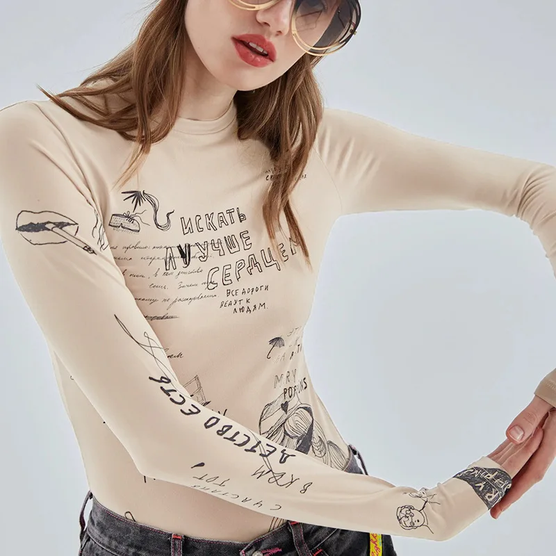 Bodycon Sexy Bodysuit Lingerie Letters Printing Crop Tops Women Y2k Clothes Long Sleeve One-pieces Body Feminino Skinny Bustier