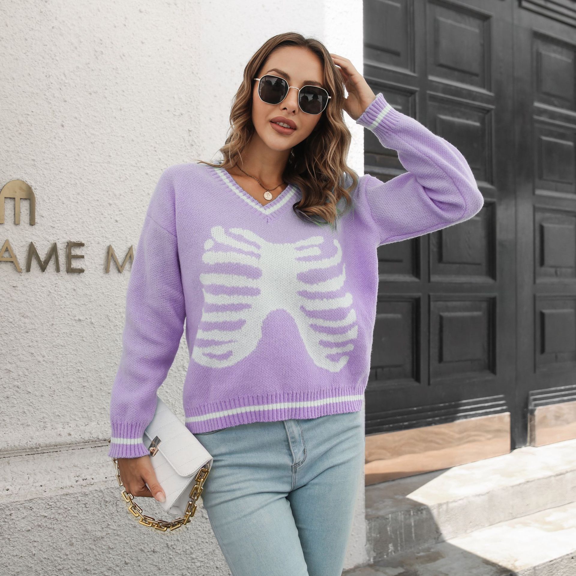 Skull Jacquard V neck Sweater Women Loose Autumn Winter Long Sleeve Knitwear Sweater