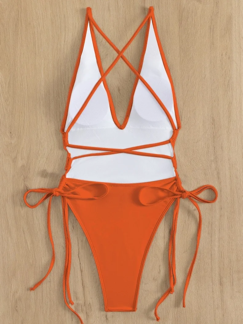 Solid V-neck One Piece Swimsuit for Women Sexy Cross Bandage Swimwear Backless Bathing Suit New Monokini