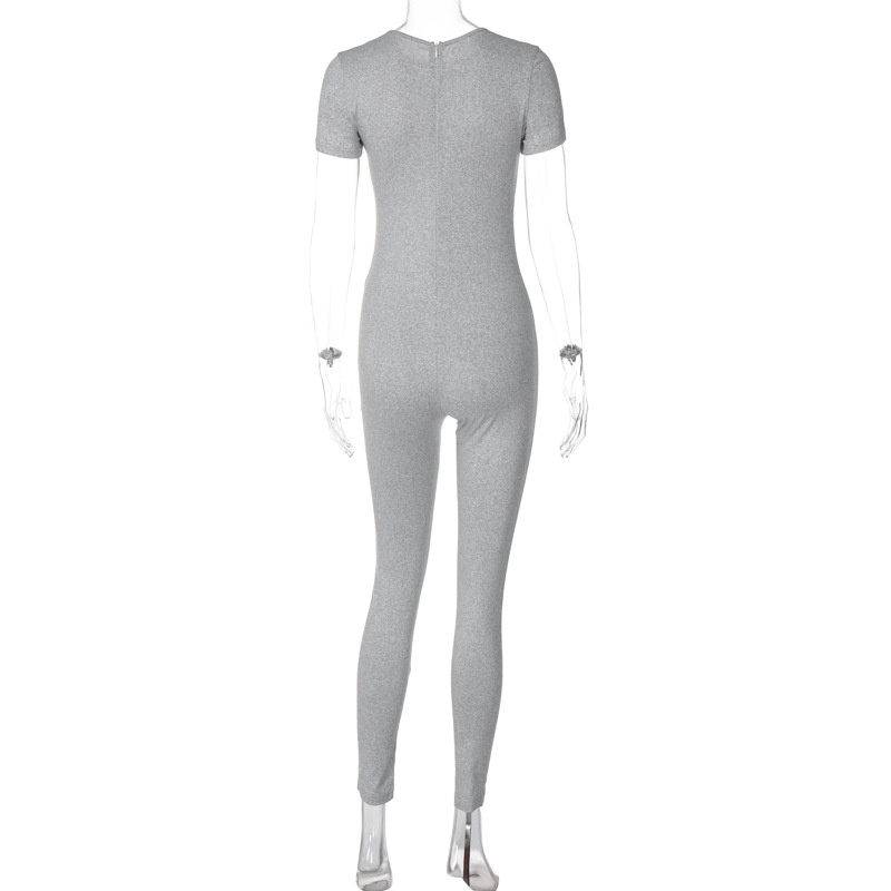 Women Clothing Winter round Neck Zipper Solid Color Short Sleeve Trousers Sports Jumpsuit Women