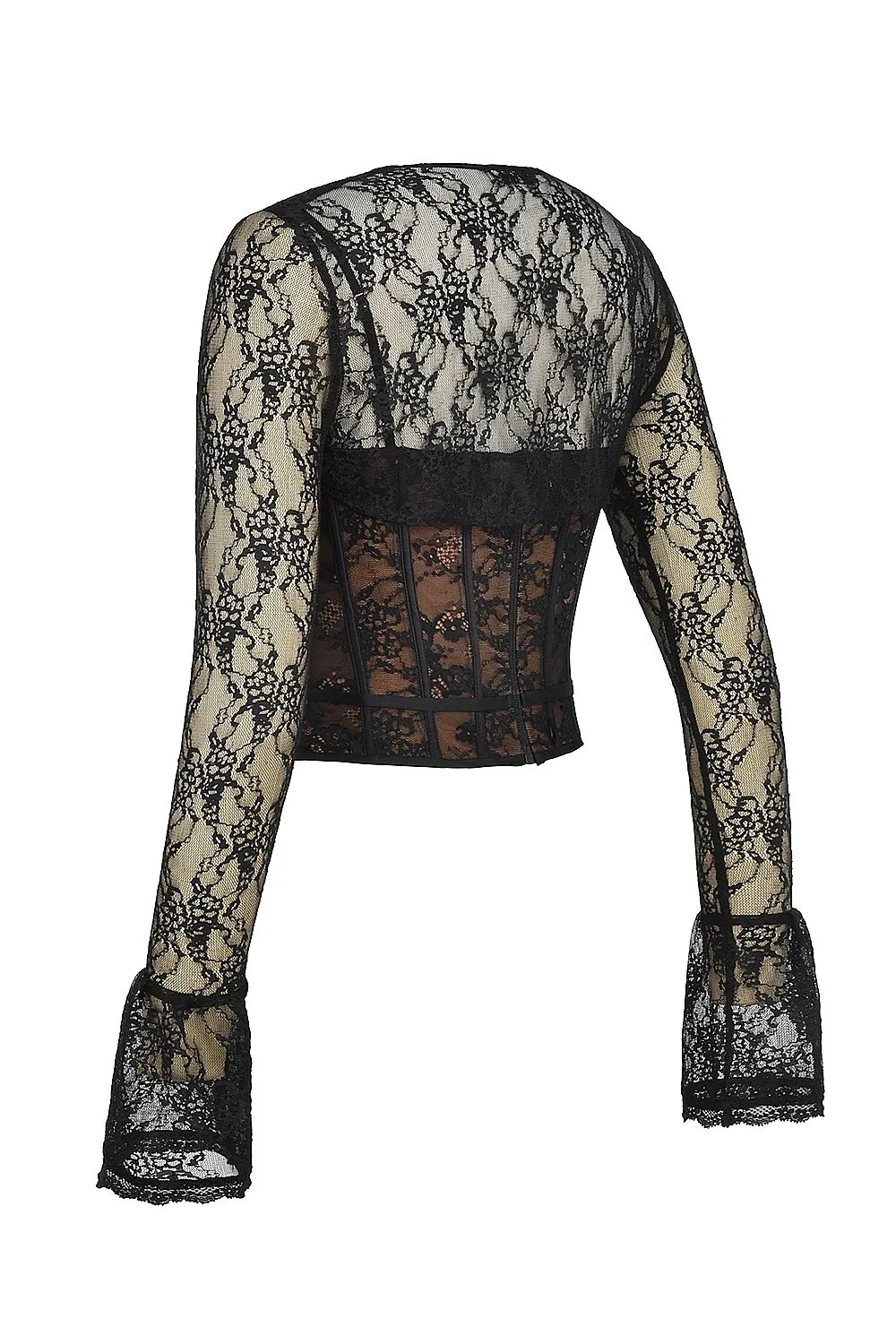 Elegant Lace Printed Patchwork Long Sleeve Hollow Out Women Top Set Sexy Perspective Fishbone Tight Strap Up 2025 Set