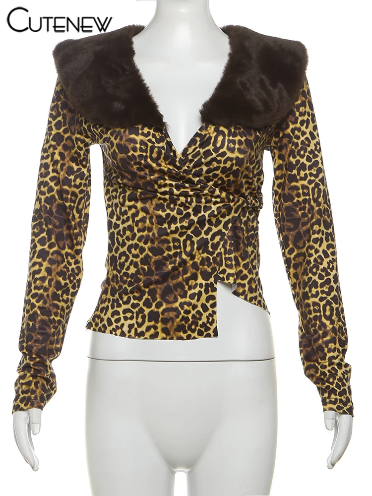 Feather Patchwork Women Tops Warmth New Leopard Printed Full Sleeve Bandage V-neck Slim Crop Tees Female Attactive Wear