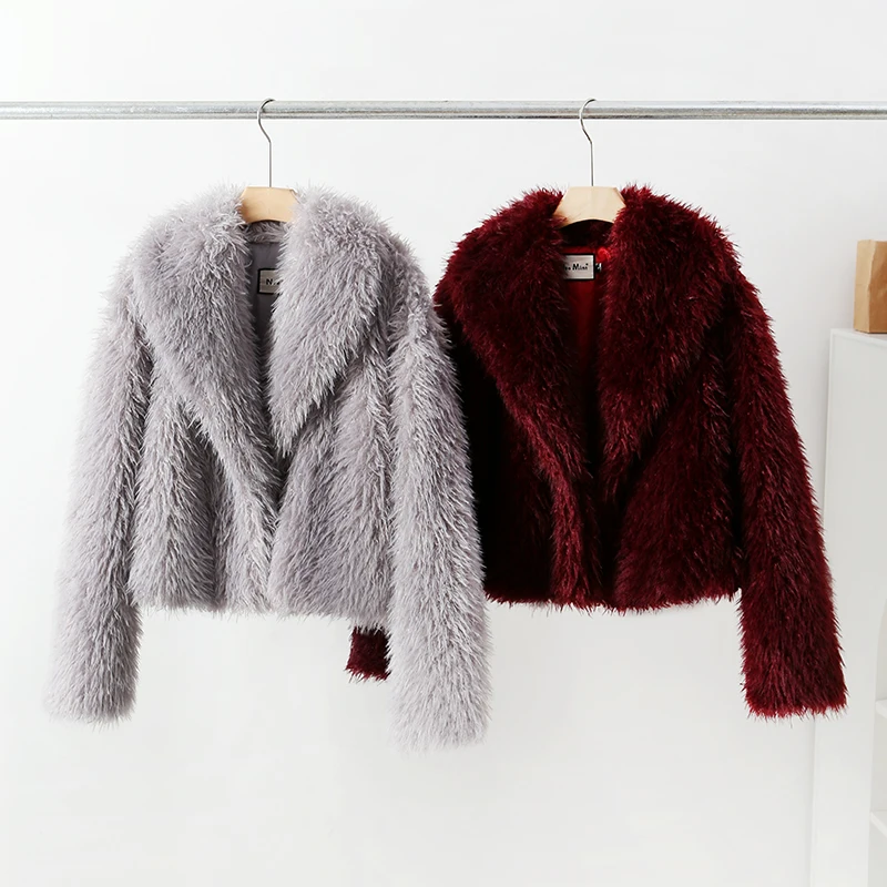 Winter Hot Trendy Iconic Blogger Fashion Burgundy Faux Fur Coat Women Overcoat Girls Shawl Collar Lamb Fur Jacket