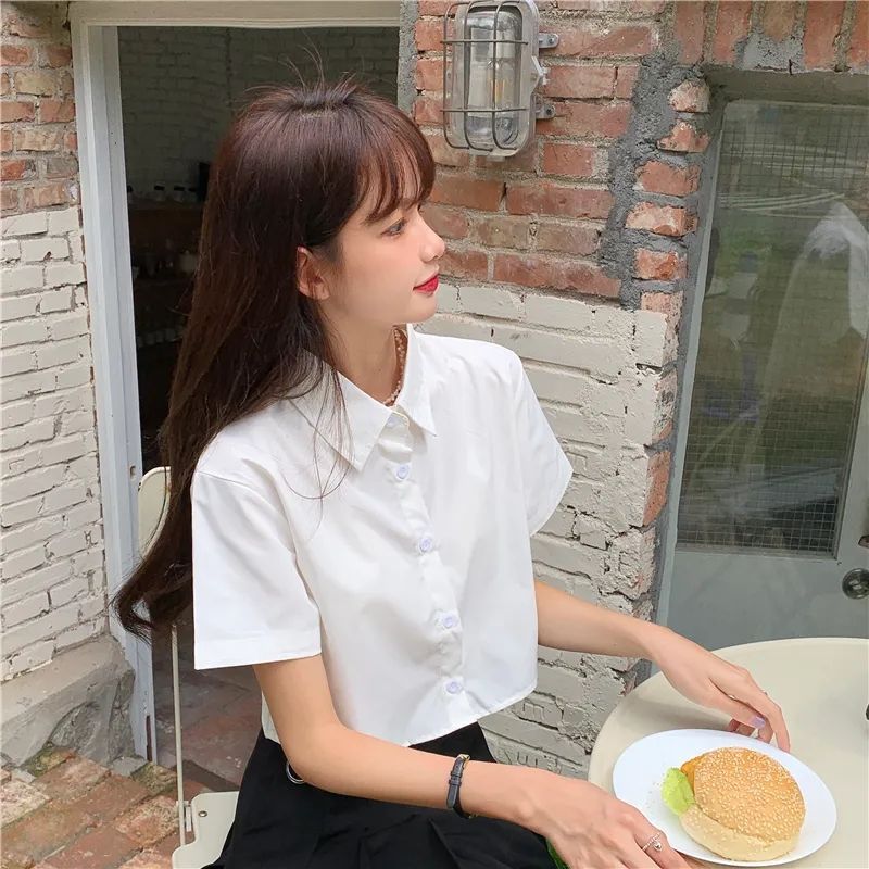Oversize White Cropped Shirt Women Summer Short Sleeve Polo Neck Sweet Preppy Button Short Shirts Korean Female Blouses Blusa