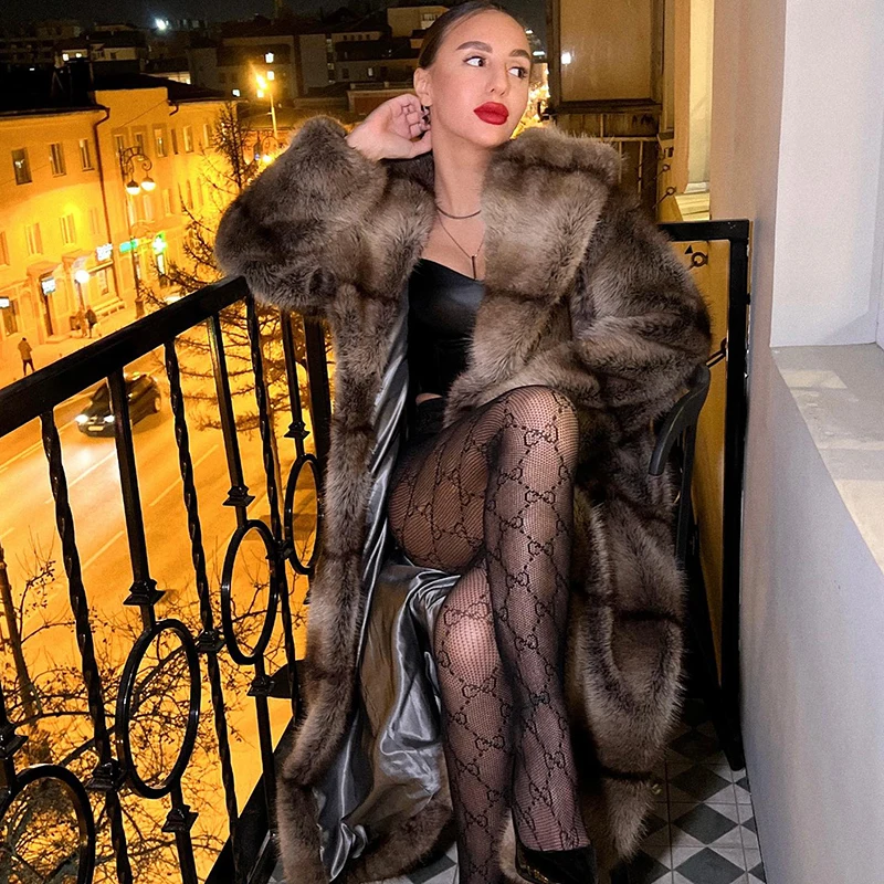 Luxury Brand Furry Faux Fox Fur Coat Women Winter Super Warm Fluffy Fur Jacket Female High Street Long Overcoat