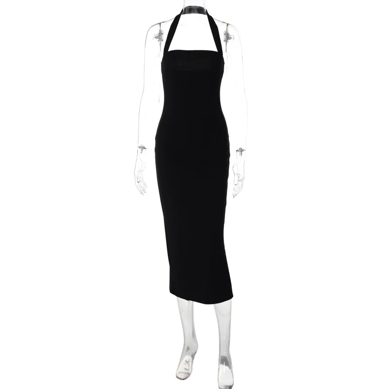 One-Shoulder Bodycon Black Evening Dress For Women Sexy Backless Sleeveless Neck-Mounted Long Party Dress Female Elegant