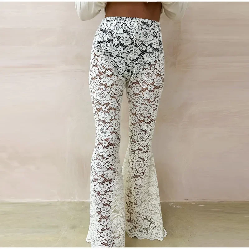 Sexy Lace Sheer Flare Pant Women Hollow Out Lady Vacation Long Trousers Female 2025 Spring Elastic High Waist Streetwear New