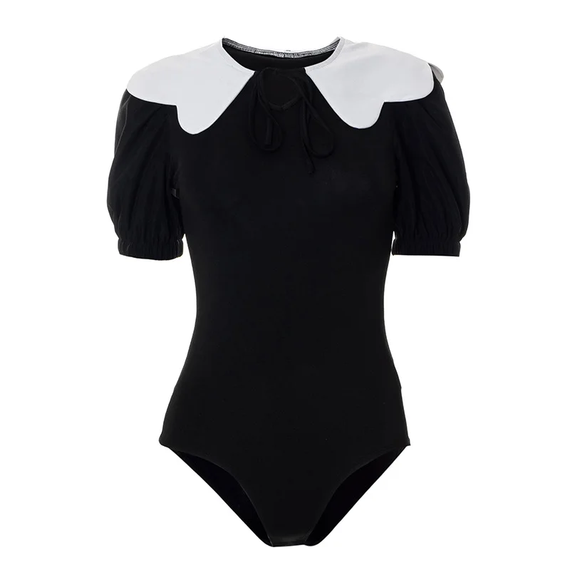 One Piece Outfit with Ruffle Collar for Women, Sexy Bodysuit, Short Sleeve, Color Blocking Lingerie, Elegant Summer Clothes