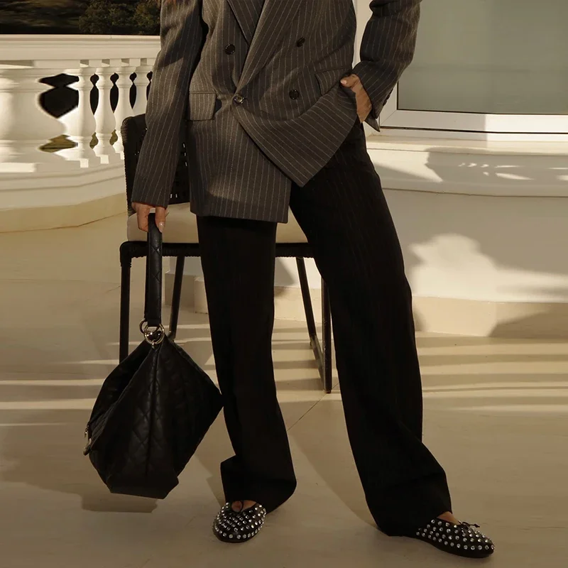 Striped Pant 2 Piece Set Women Double-breasted Full Sleeve Blazer Wide Leg Zipper Long Trousers Female 2025 Lady Commute Outfits