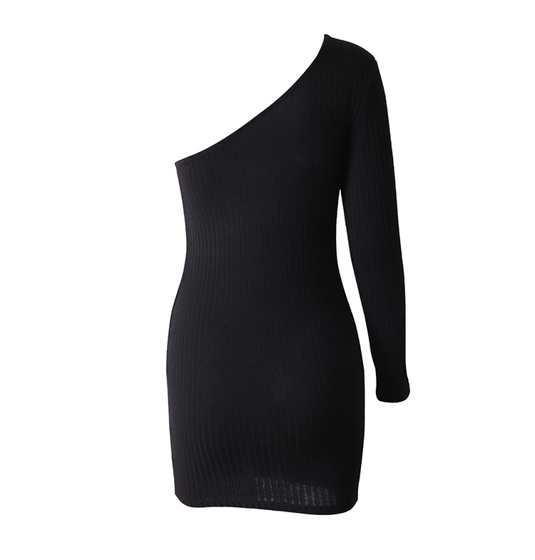 Sexy Black Sloping Shoulder Dress Oblique Shoulder Long Sleeve Hip Slim Fit Slim Backless